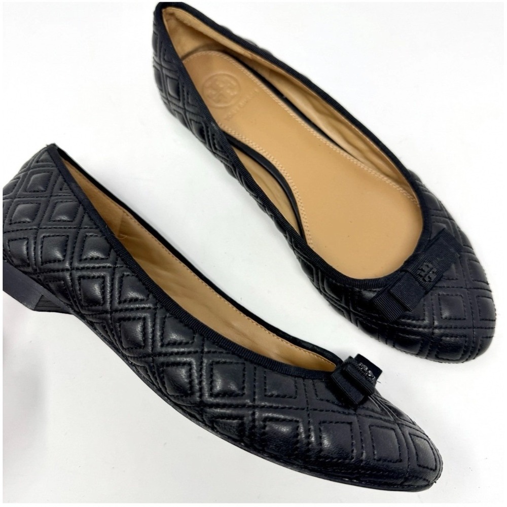 Tory Burch Marion Ballet Flats Womens 6.5 Black Quilted Leather Bow Logo